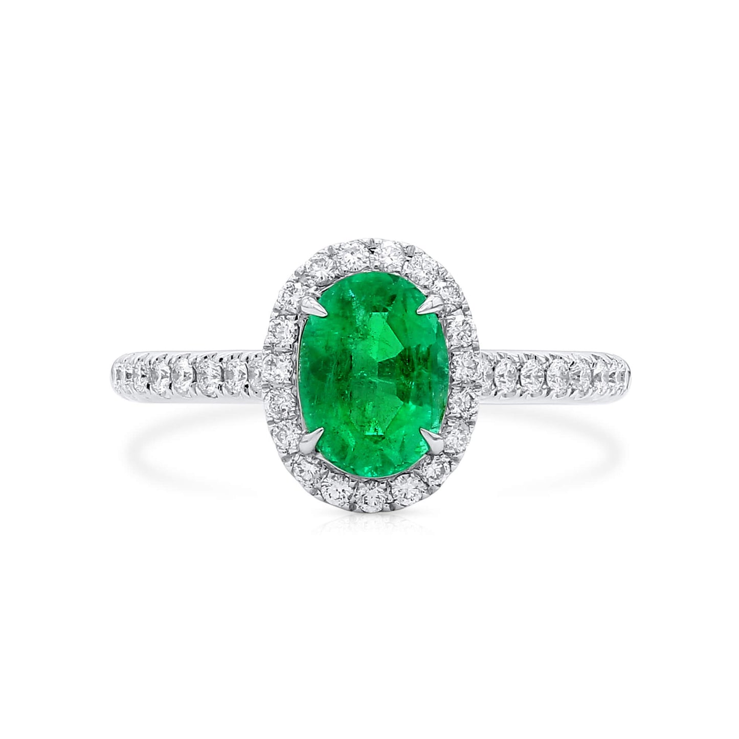 Natural Vivid Green Colombian Emerald Halo Ring, 18K White Gold, Oval Shape, 1.27 Ct. TW