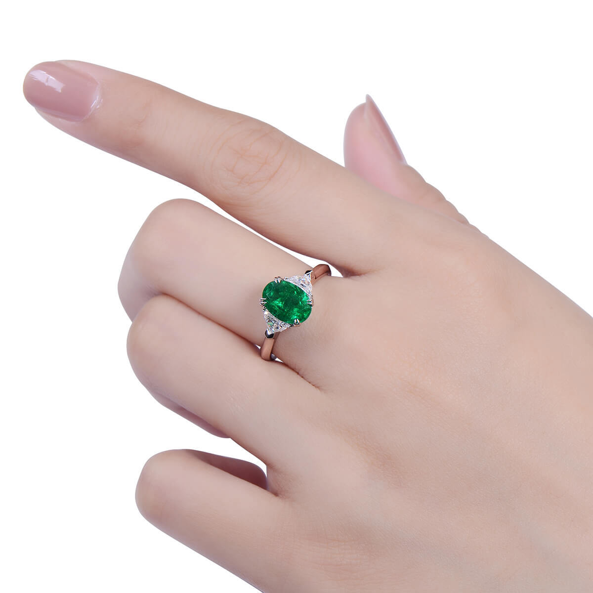 Natural Vivid Green Himalayan Mountains Emerald Three Stone Ring, 18K White Gold, Oval Shape, 2.27 Ct. TW