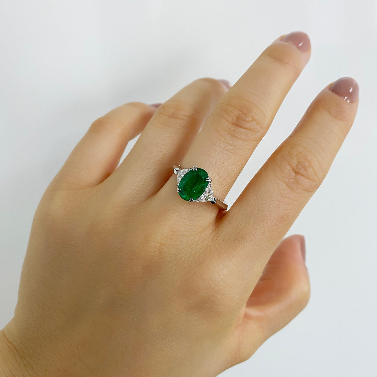 Natural Vivid Green Himalayan Mountains Emerald Three Stone Ring, 18K White Gold, Oval Shape, 2.27 Ct. TW
