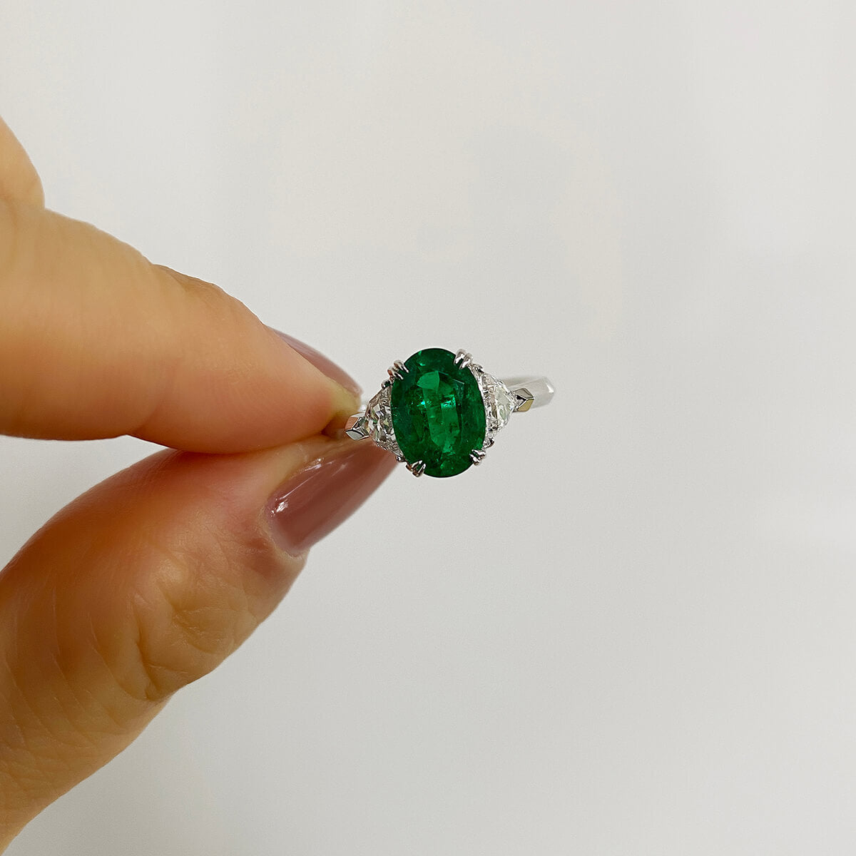 Natural Vivid Green Himalayan Mountains Emerald Three Stone Ring, 18K White Gold, Oval Shape, 2.27 Ct. TW