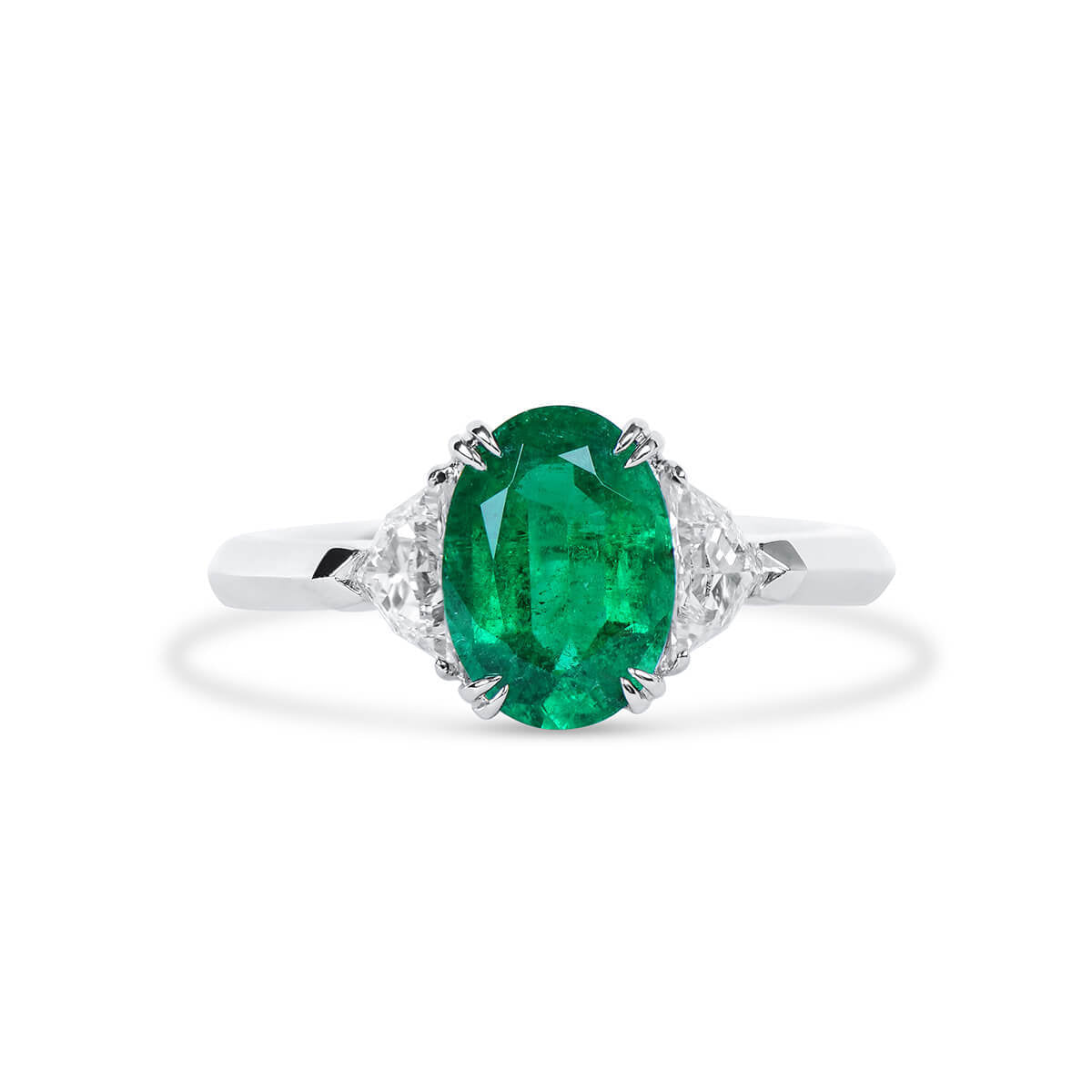 Natural Vivid Green Himalayan Mountains Emerald Three Stone Ring, 18K White Gold, Oval Shape, 2.27 Ct. TW