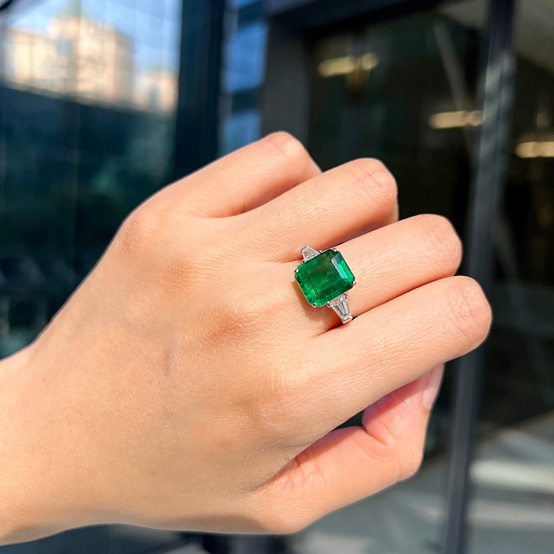 Natural Vivid Green Zambian Emerald Three Stone Ring, 18K White Gold, Cushion Shape, 6.22 Ct. TW