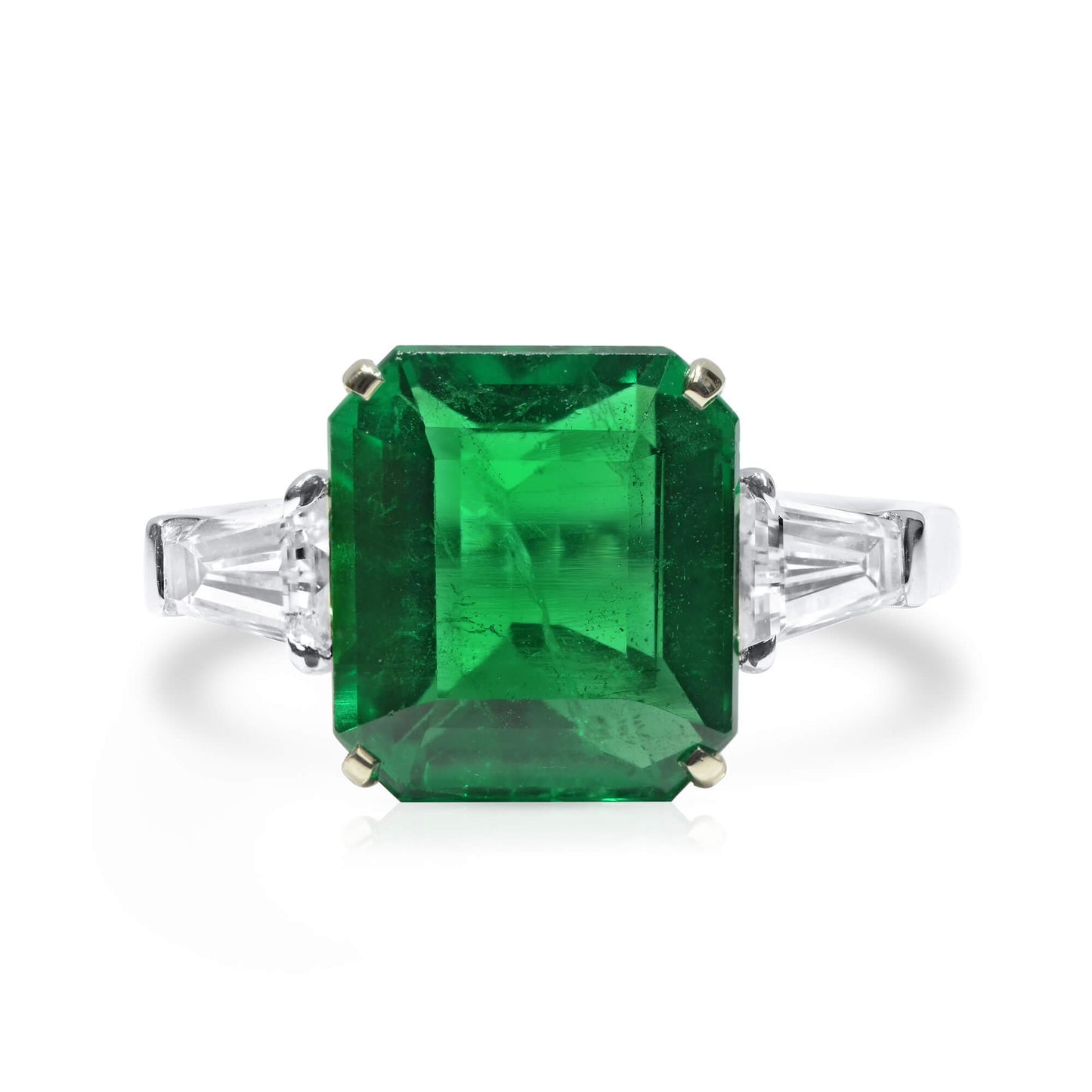 Natural Vivid Green Zambian Emerald Three Stone Ring, 18K White Gold, Cushion Shape, 6.22 Ct. TW
