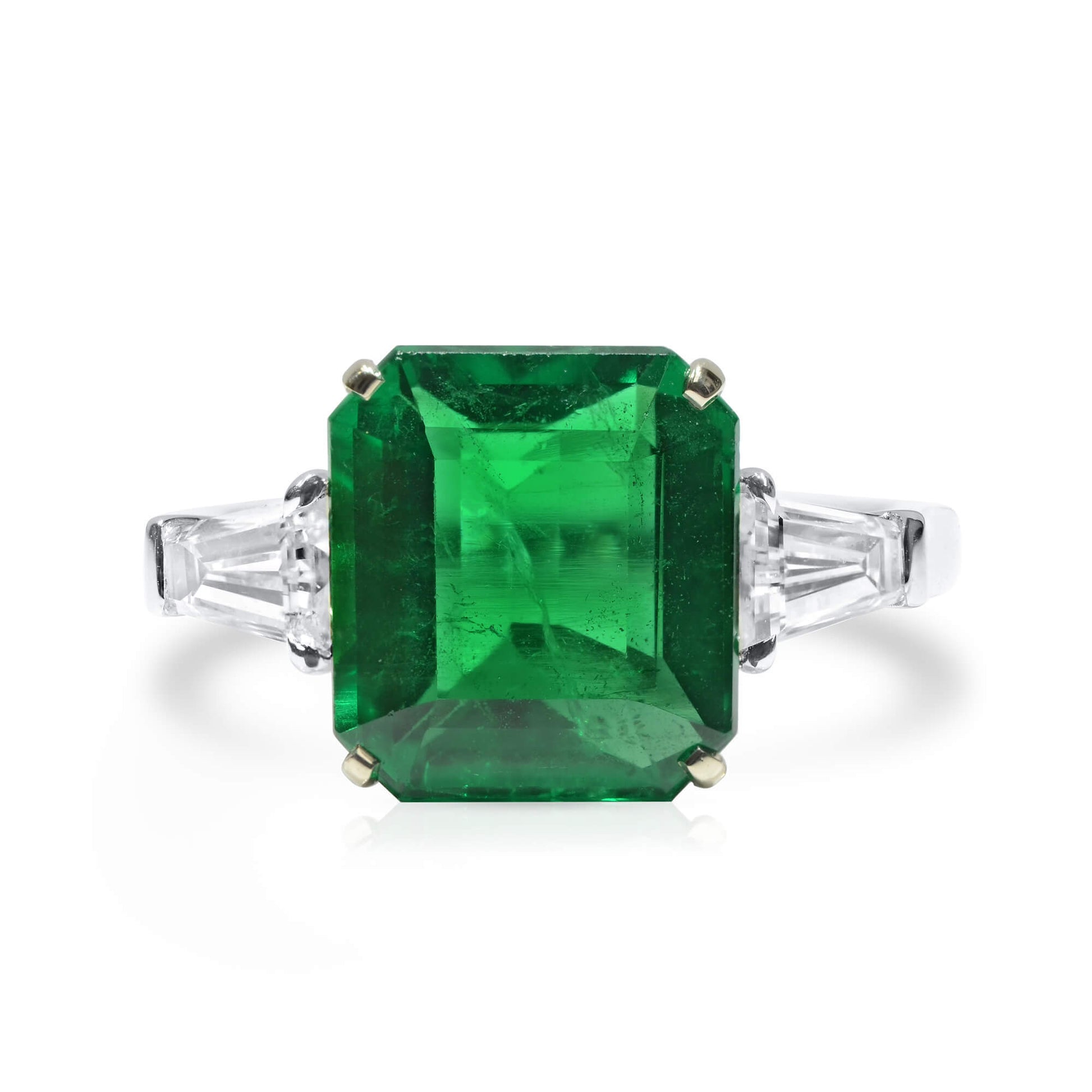 Natural Vivid Green Zambian Emerald Three Stone Ring, 18K White Gold, Cushion Shape, 6.22 Ct. TW