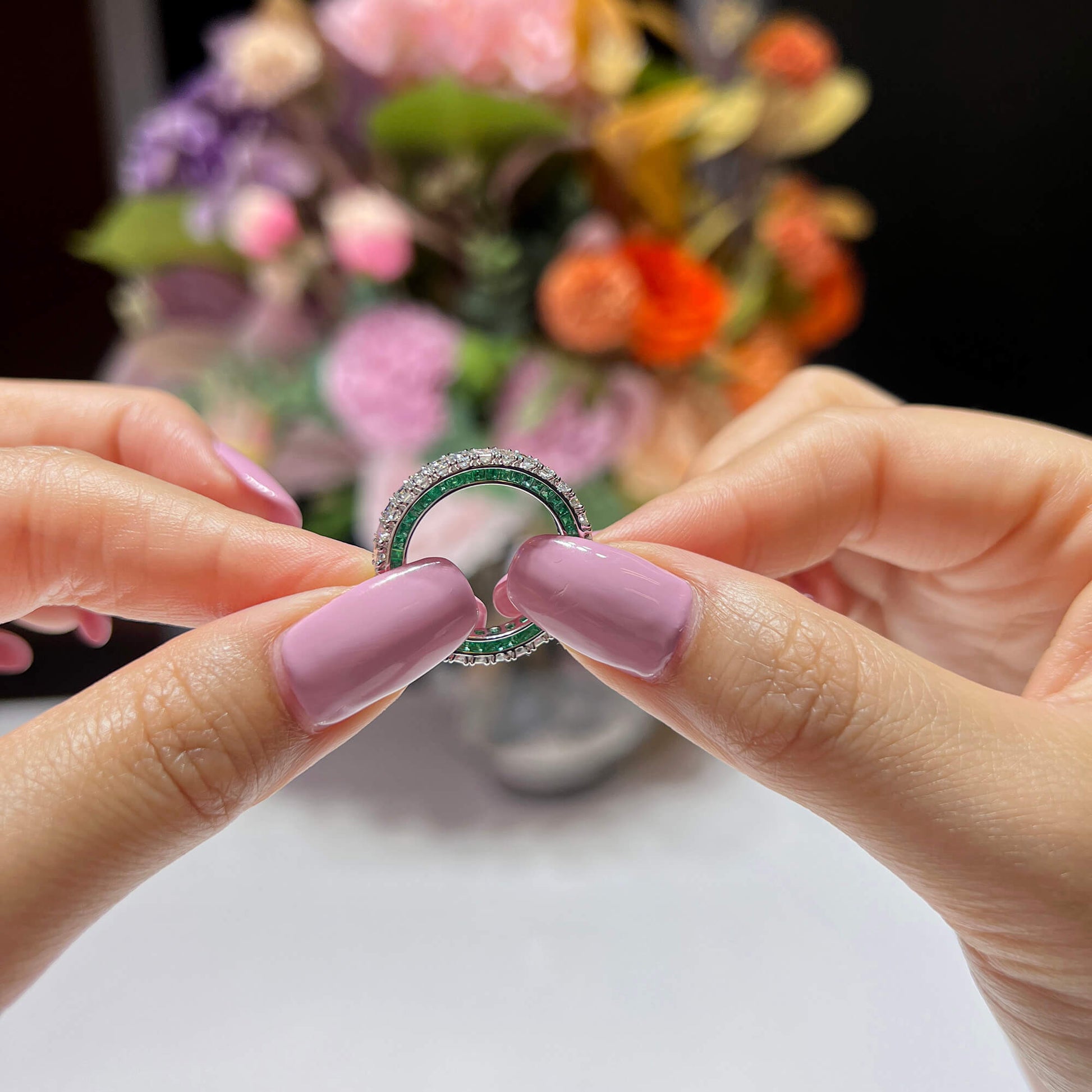 Natural Diamond Full Eternity Ring, 18K White Gold, Baguette Shape, 5.66 Ct. TW