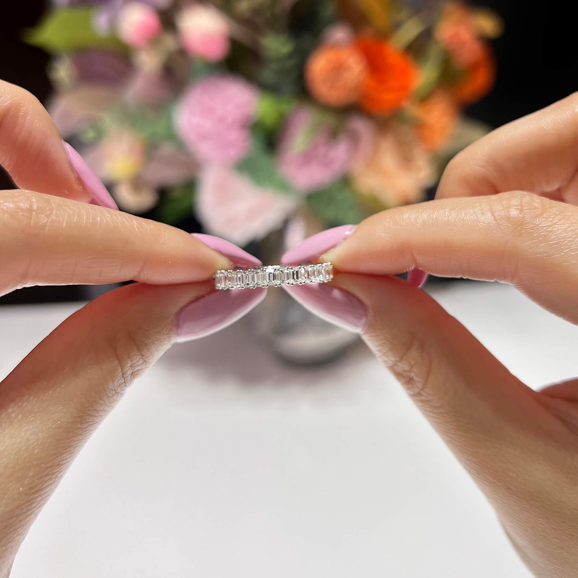 Natural Diamond Full Eternity Ring, 18K White Gold, Baguette Shape, 5.66 Ct. TW