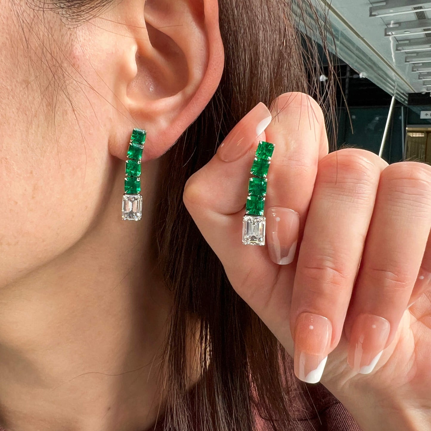 Natural Diamond & Emerald Drop Earrings, 18K White Gold, Emerald Shape, 8.04 Ct. TW