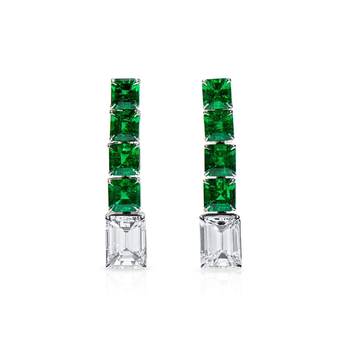 Natural Diamond & Emerald Drop Earrings, 18K White Gold, Emerald Shape, 8.04 Ct. TW