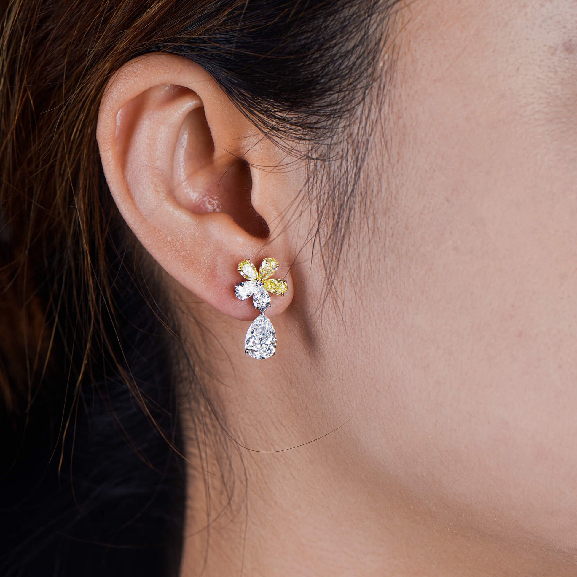 Natural Yellow and White Diamond Drop Earrings,  18K White & Yellow Gold, Pear Shape, 5.72 Ct. TW