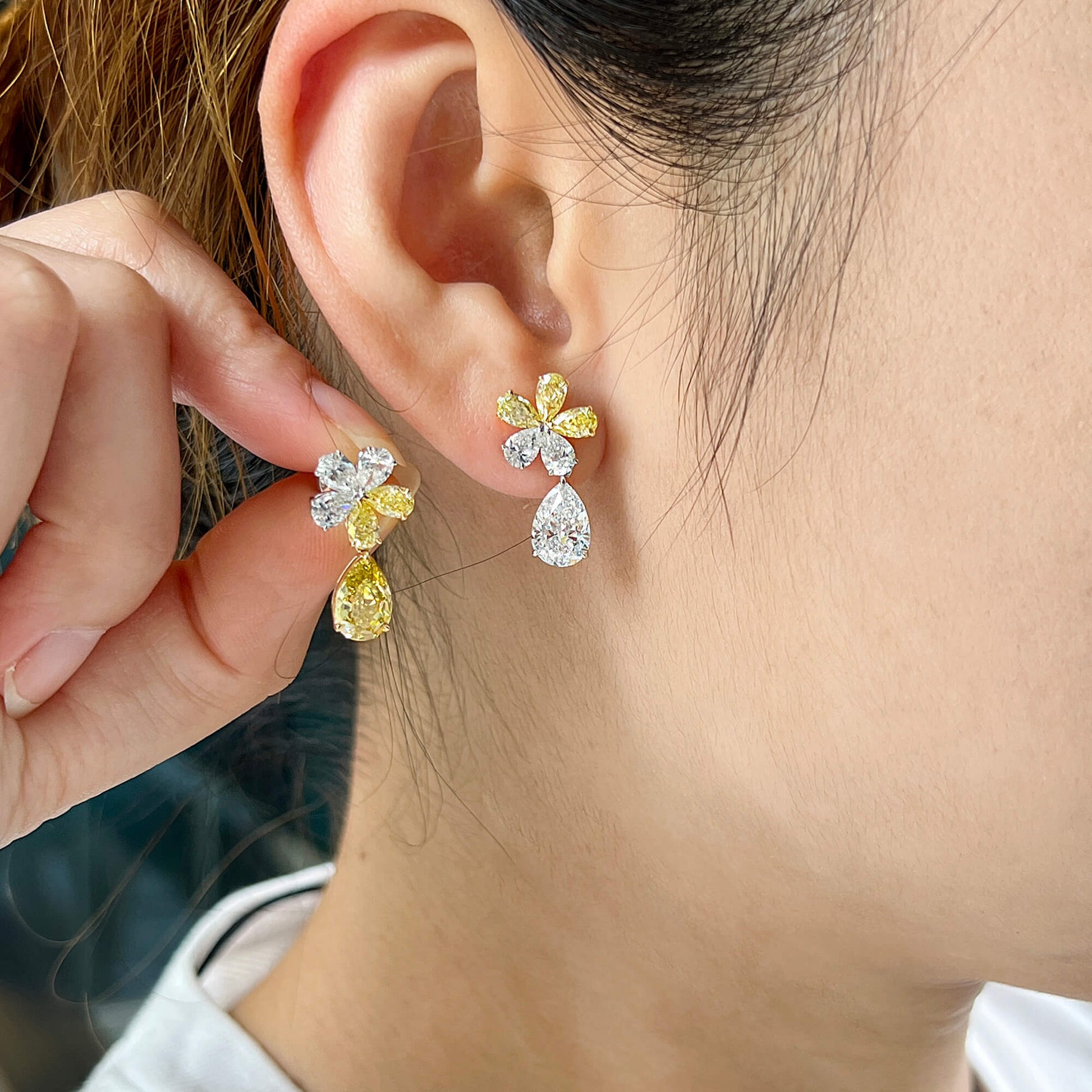 Natural Yellow and White Diamond Drop Earrings,  18K White & Yellow Gold, Pear Shape, 5.72 Ct. TW