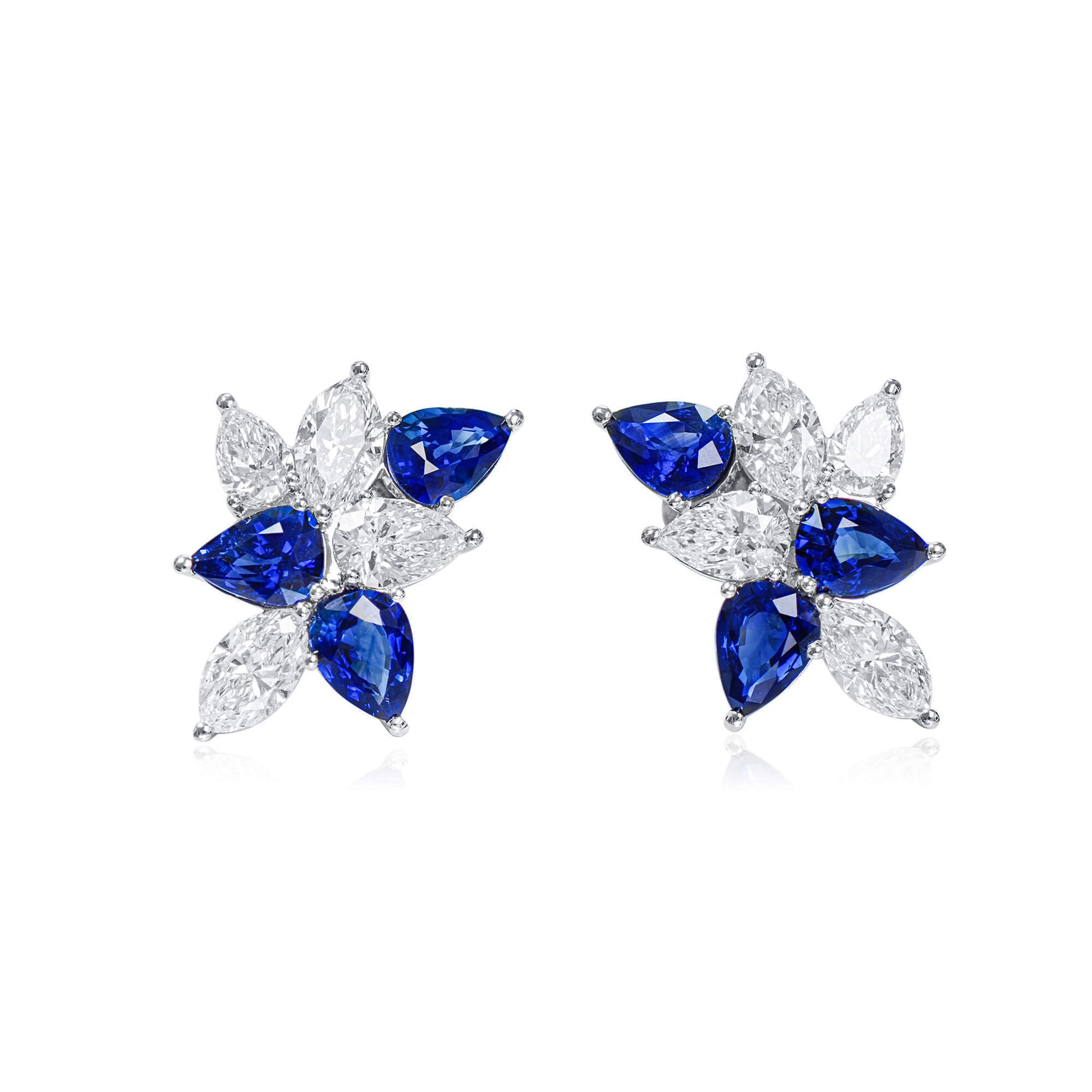 עגילי יהלומים טבעיים וספיר כחול, זהב לבן 18 קראט, צורת אגס, 8.52 קראט TW