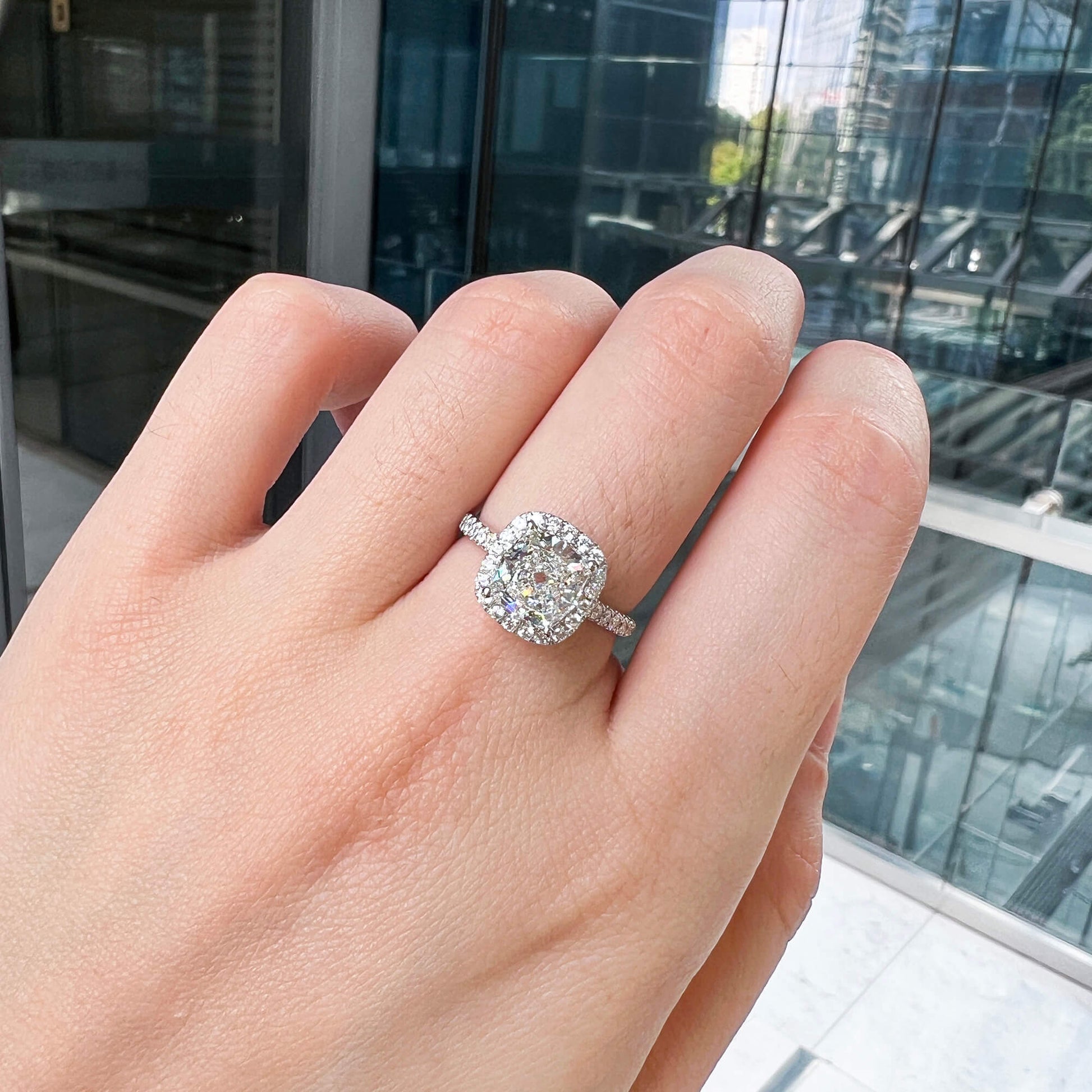 Natural Diamond Halo Ring, 18K White Gold, Cushion Shape, 2.45 Ct. TW