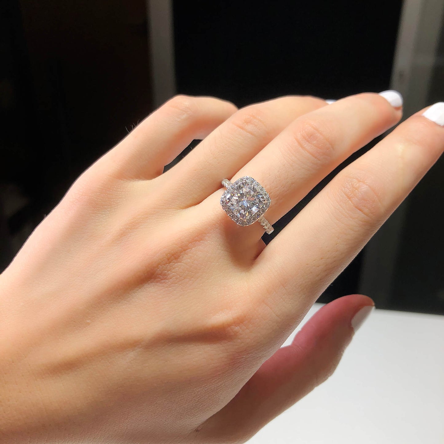 Natural Diamond Halo Ring, 18K White Gold, Cushion Shape, 3.64 Ct. TW