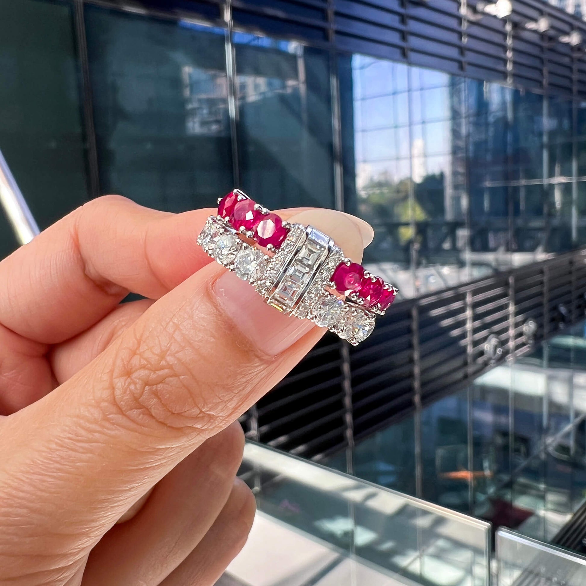 Natural Diamond & Ruby Half Eternity Ring, 18K White Gold, 3.76 Ct. TW